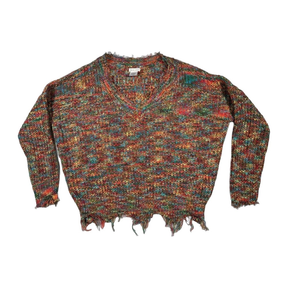 Main Strip Multicolor Knit V Neck Sweater Distressed Frayed Hem Oversized L G